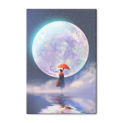 kobieta-z-czerwona-parasolowa-pozycja-na-wodzie-przeciw-ksiezyc-w-pelni-tlu-ilustracyjny-obraz