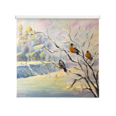 oryginalny-obraz-olejny-ptakow-na-drzewie-w-zimowej-wiosce-na-plotnie-sztuka-wspolczesnego-impresjonizmu-grafika