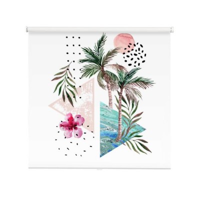 streszczenie-plakat-akwarela-palmy-liscie-kwiat-hibiskusa-marmurowe-trojkaty