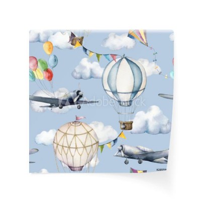 watercolor-seamless-pattern-with-clouds-and-aerostates-hand-painted-sky-illustration-with-hot-air-balloons-planes-and-garlands-isolated-on-blue-background-for-design-prints-fabric-or-background