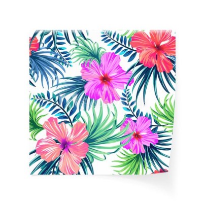 bez-szwu-tropikalnych-kwiatowy-wzor-liscie-hibiskusa-i-palmy-na-bialym-tle-klasyczne-motywy-aloha-w-soczystym-kolorowym-wzorze