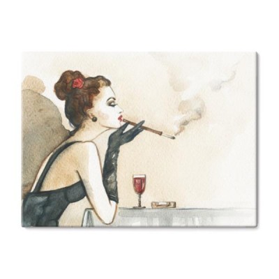 retro-kobieta-portret-z-papierosem-akwarela-ilustracja