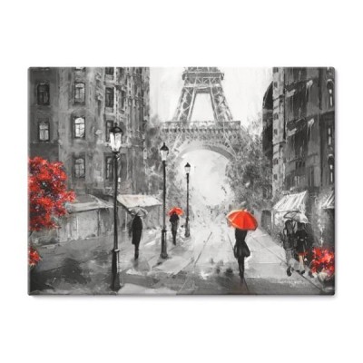 obraz-olejny-na-plotnie-widok-na-ulice-paryza-grafika-wieza-eiffla-ludzie-pod-czerwonym-parasolem-drzewo-francja