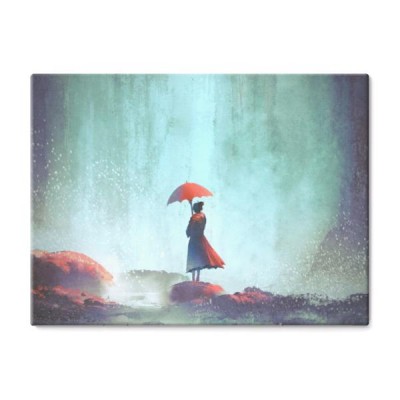 kobieta-z-parasolem-stoi-przed-wodospadem-malarstwo-ilustracja