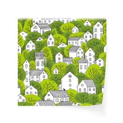 drzewa-i-domy-bez-szwu-wzor-wiosenne-zielone-kolory