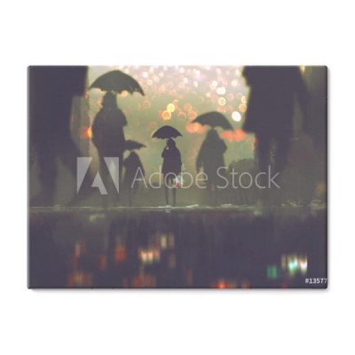 czlowiek-z-bukietem-kwiatow-gospodarstwa-parasol-stojac-samotnie-w-tlumy-ludzi-przejscie-przez-ulice-w-deszczowa-noc-ilustracja