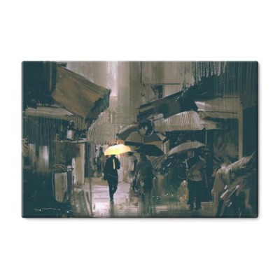 czlowiek-z-swiecace-zolty-parasol-spaceru-w-alei-miasta-w-deszczowy-dzien-w-stylu-sztuki-cyfrowej-malarstwo-ilustracja