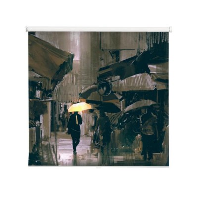 czlowiek-z-swiecace-zolty-parasol-spaceru-w-alei-miasta-w-deszczowy-dzien-w-stylu-sztuki-cyfrowej-malarstwo-ilustracja