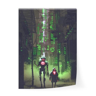 sztuka-cyfrowa-z-koncepcja-sci-fi-dwoch-robotow-chodzacych-w-waskiej-uliczce-z-wieloma-zielonymi-swiatlami-ilustracja-malarstwo
