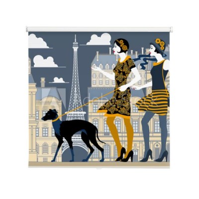 dwie-klapy-dziewczat-chodzacych-z-psem-w-centrum-paryza-recznie-rysunek-wektorowej-styl-retro