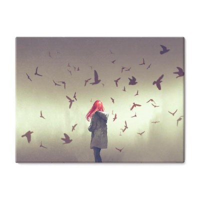 kobieta-z-czerwonymi-wlosami-stojacymi-wsrod-ptakow-cyfrowy-styl-sztuki-ilustracja-malarstwo