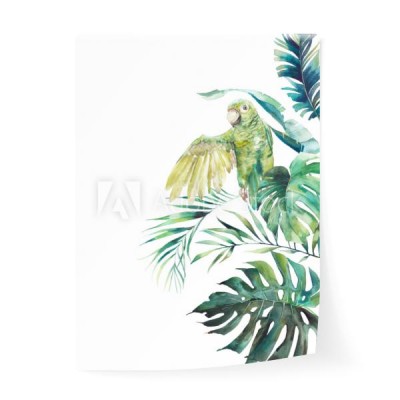 rama-akwarela-zielony-papuga-recznie-rysowane-pozdrowienie-projekt-z-egzotycznych-lisci-i-galezi-na-bialym-tle-palma-liscie-banan
