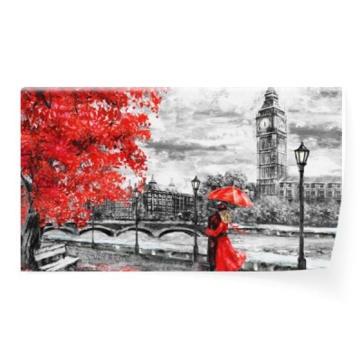 obraz-olejny-na-plotnie-ulica-londynu-grafika-big-ben-mezczyzna-i-kobieta-pod-czerwonym-parasolem-drzewo-anglia-most-i