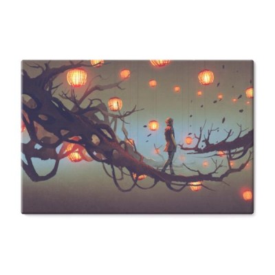 man-walking-na-galezi-drzewa-z-wielu-czerwone-latarnie-na-tle-cyfrowy-styl-malarstwo-ilustracja
