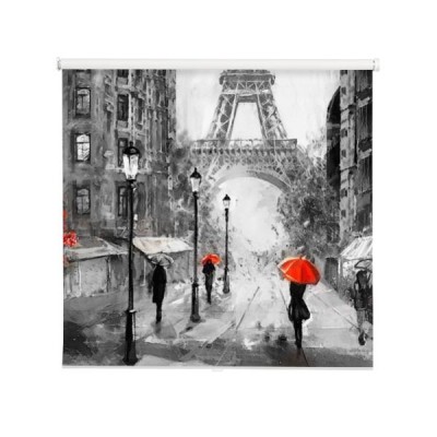 obraz-olejny-na-plotnie-widok-na-ulice-paryza-grafika-wieza-eiffla-ludzie-pod-czerwonym-parasolem-drzewo-francja