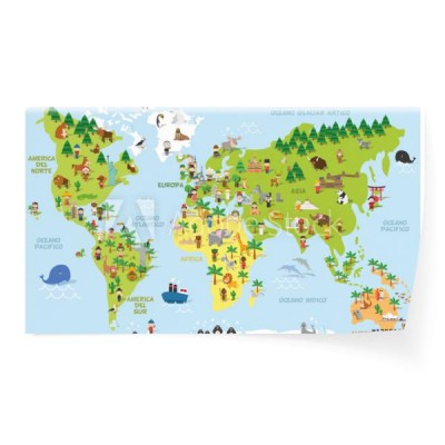 mapa-swiata-zabawna-kreskowka-z-dziecmi-roznych-narodowosci-zwierzat-i-zabytkow-wszystkich-kontynentow-i-oceanow-ilustracji