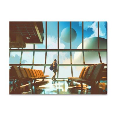 mloda-dziewczyna-spaceru-na-lotnisku-patrzac-planet-przez-okno-malarstwo-ilustracja