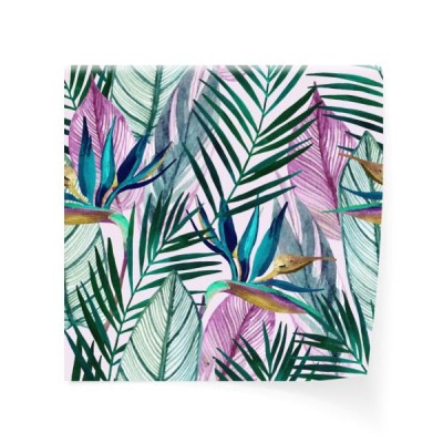 akwarela-tropikalny-wzor-z-kwiatu-rajskiego-ptaka-lisci-palmowych