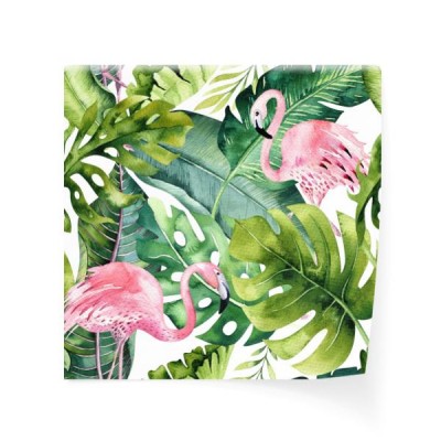 tropikalny-odosobniony-bezszwowy-wzor-z-flamingiem-akwarela-tropic-rysunek-roza-ptak-i-zielen-palma-drzewo-tropic-z