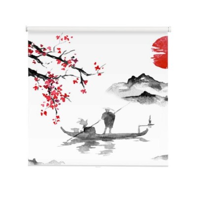 japonski-tradycyjny-obraz-sumi-e-ilustracja-indyjski-atrament-mezczyzna-i-lodz-gorski-krajobraz-z-sakura-zachod-slonca