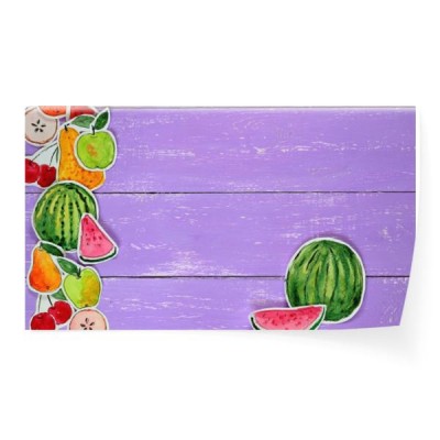 recznie-rysowane-akwarela-kolorowy-obraz-owocow-na-bzu-drewniane-tla-arbuz-jablko-melon-wisnia-pomarancza