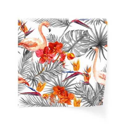 flamingo-liscie-tropikalne-egzotyczne-kwiaty-bezszwowe-czarno-biale-tlo-akwarela