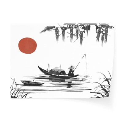 krajobraz-z-wzgorzami-slonce-jezioro-i-rybak-w-tradycyjnym-japonskim-sumi-e-stylu-na-rocznika-akwareli-tle-wietnam-chiny