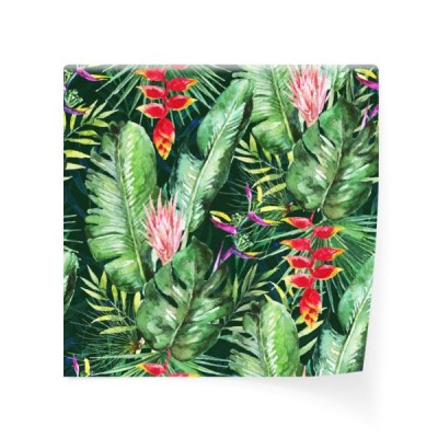 zieleni-tropikalni-palmy-amp-paproci-liscie-z-kwiatami-na-czarnym-tle-akwarela-recznie-malowane-wzor-tropikalna-ilustracja-liscie
