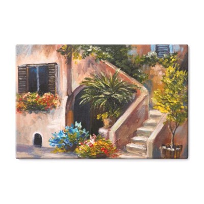 obraz-olejny-letni-taras-kolorowe-kwiaty-w-ogrodzie-dom-w-grecji
