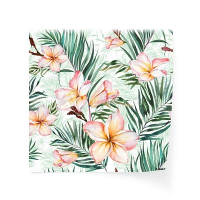 plumeria-kwiaty-i-egzotyczne-palmy-pozostawia-w-tropikalnych-wzor-biale-tlo-malarstwo-akwarelowe-recznie-rysowane-i-malowane