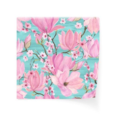 akwarela-maluje-bezszwowego-wzor-z-magnoliowymi-i-czeresniowymi-kwiatami-na-blekitnym-tle