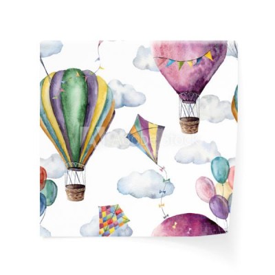 watercolor-seamless-pattern-with-hot-air-balloons-flag-garlands-and-kites-hand-painted-sky-illustration-with-aerostate-and-clouds-isolated-on-white-background-for-design-fabric-or-background