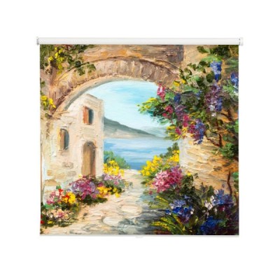 obraz-olejny-dom-blisko-morza-kolorowe-kwiaty-krajobraz-lato