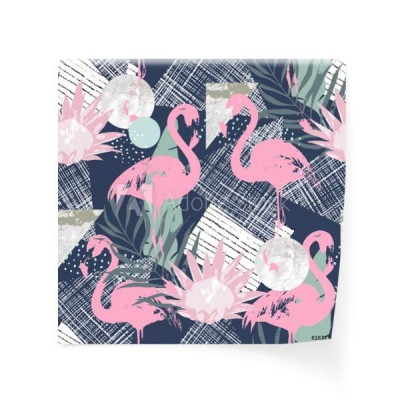 abstrakcjonistyczny-druk-z-flamingo-i-przypadkowymi-elementami-bezszwowy-wzor-w-retro-stylu-tropikalna-wektorowa-ilustracja
