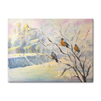 oryginalny-obraz-olejny-ptakow-na-drzewie-w-zimowej-wiosce-na-plotnie-sztuka-wspolczesnego-impresjonizmu-grafika