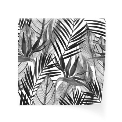 akwarela-tropikalny-wzor-z-kwiatem-rajskiego-ptaka-liscie-palmowe-w-czarno-bialych-kolorach